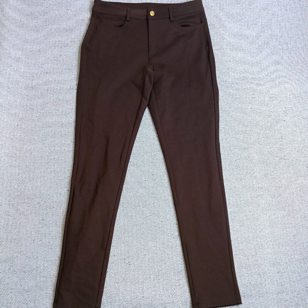 Michael Kors Skinny Trousers Women 6 Brown Excellent Gold Logo Stretch Pants